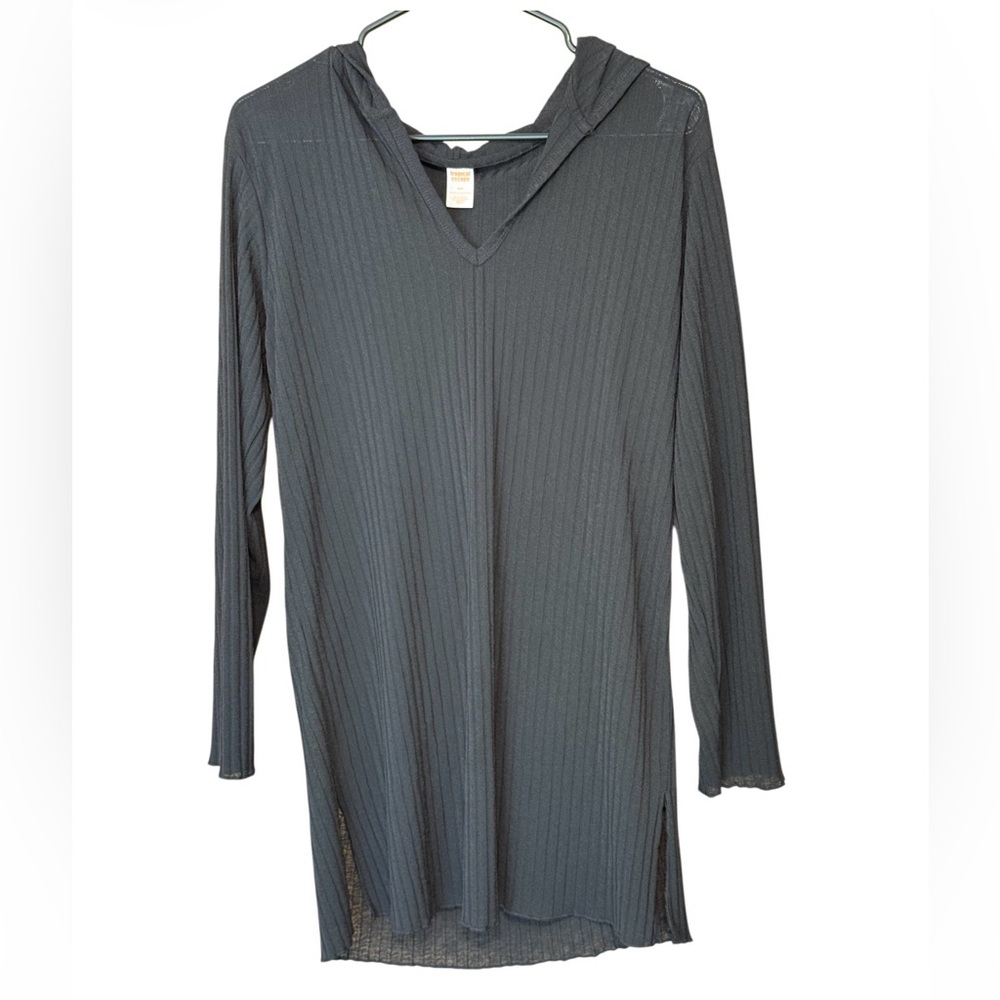 Tropical Escape Black Ribbed Hooded Tunic Top Medium Coverup